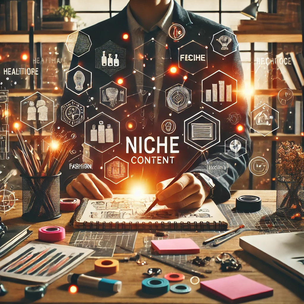 DALL·E 2024-10-21 22.02.17 – A creative photorealistic image of a person brainstorming niche content using physical tools. The desk is filled with sketch pads, sticky notes, books